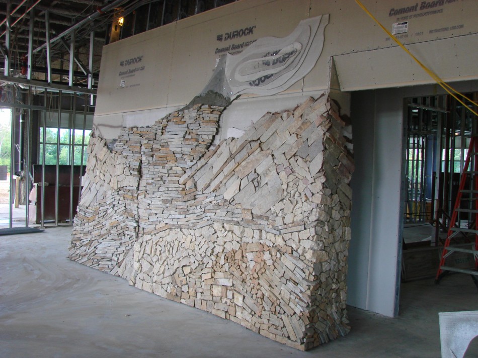 IGS Headquarters Focal Wall 48' x 30' x 10' Four different thin veneer stones Concrete backer board, mortar,screws