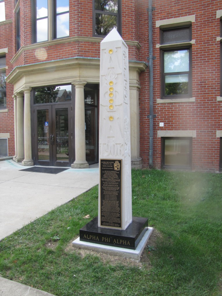 Alpha Phi Alpha Obelisk, Hale Hall, Ohio State University Indiana Limestone, Glass, Gold Leaf, Bronze 9' x 14" x 14"