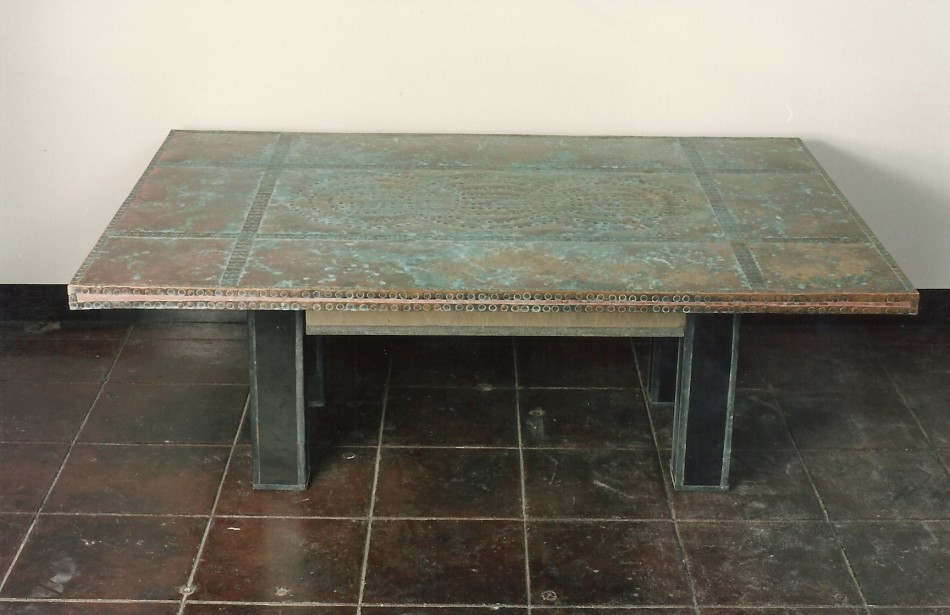 Original Design by Dale JohnsonBronze, Copper, Walnut, Patina, Sandstone, Chiseled Pyrex, Steel40" x 59 1'2" x 21"