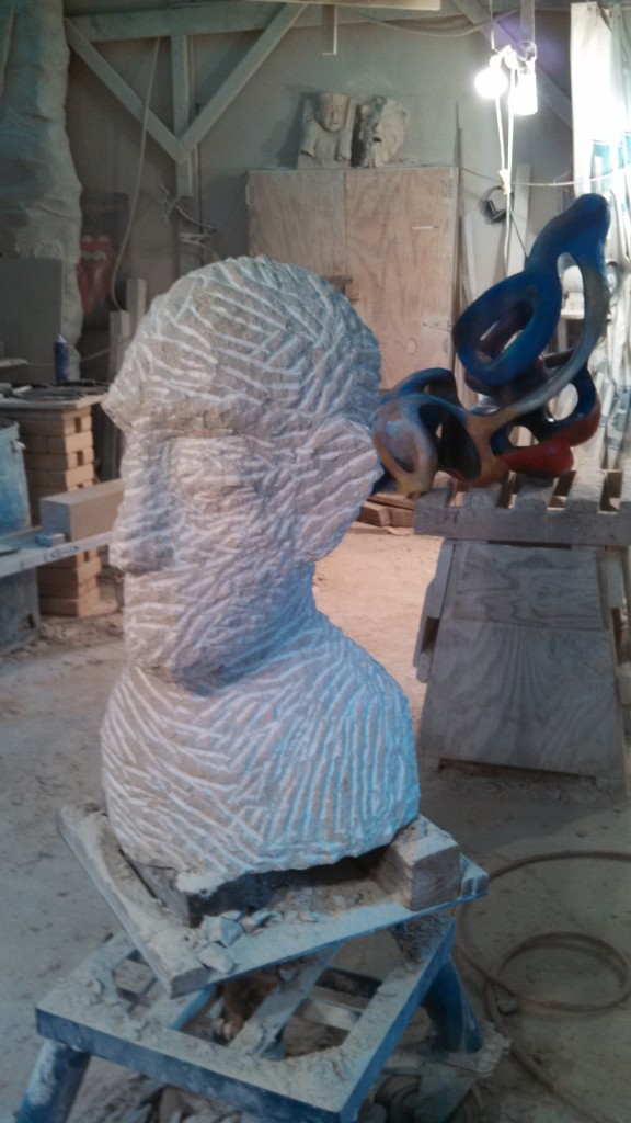 Head and Shoulders Limestone, Steel, Wood, Oil Paint 7'-6" x 3" x 3"