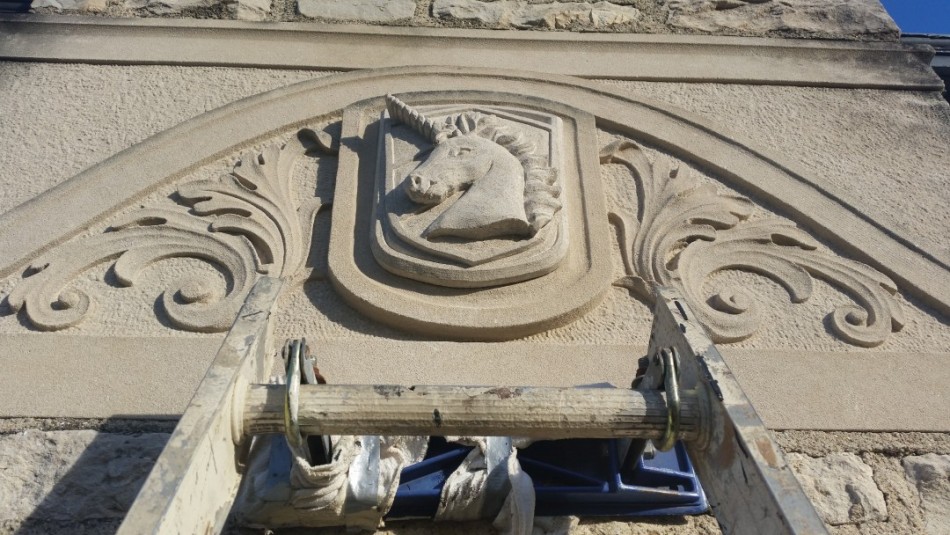 Indiana Limestone 2 1/4" x 14" x 11" Given as a gift to his wife, head of a school whose mascot is the Unicorn.
